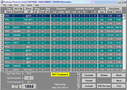 The Evaluate Parts Screen