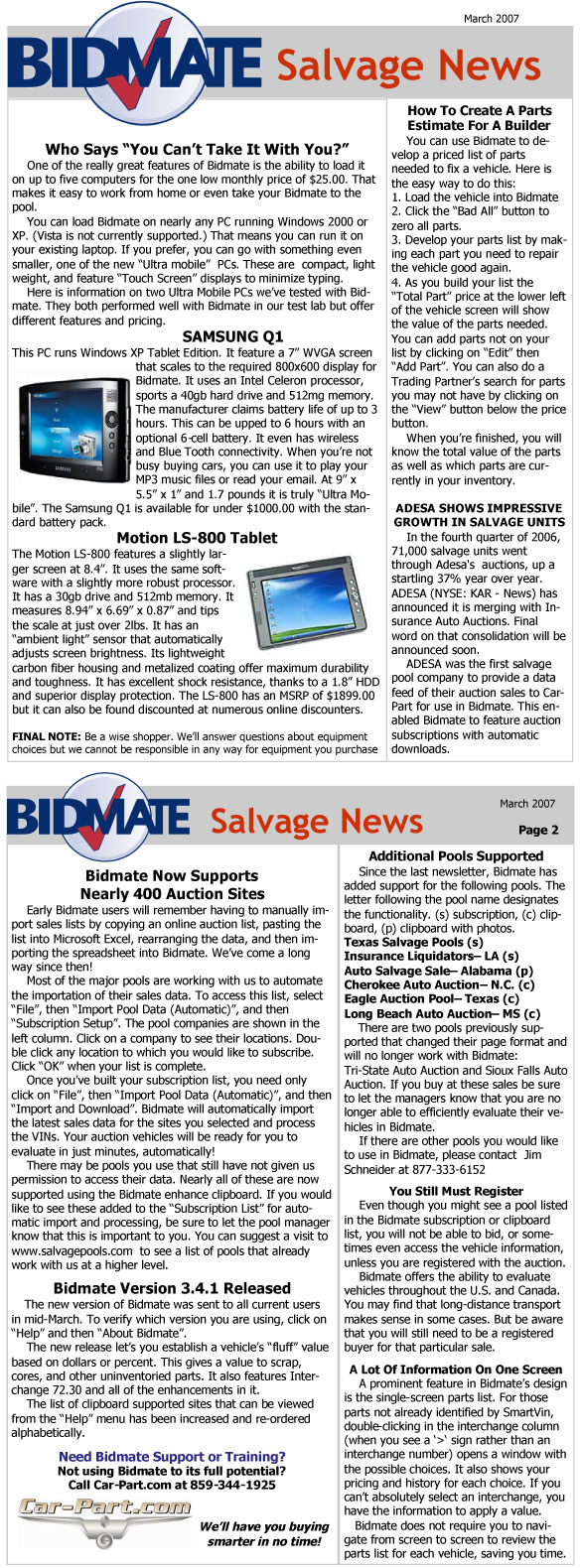 Bidmate Salvage News - March 2007